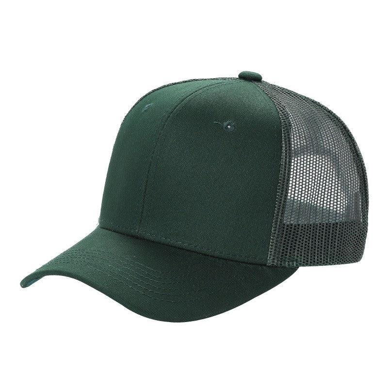 Dark green six-panel trucker mesh hat with curved bill, front view on white background