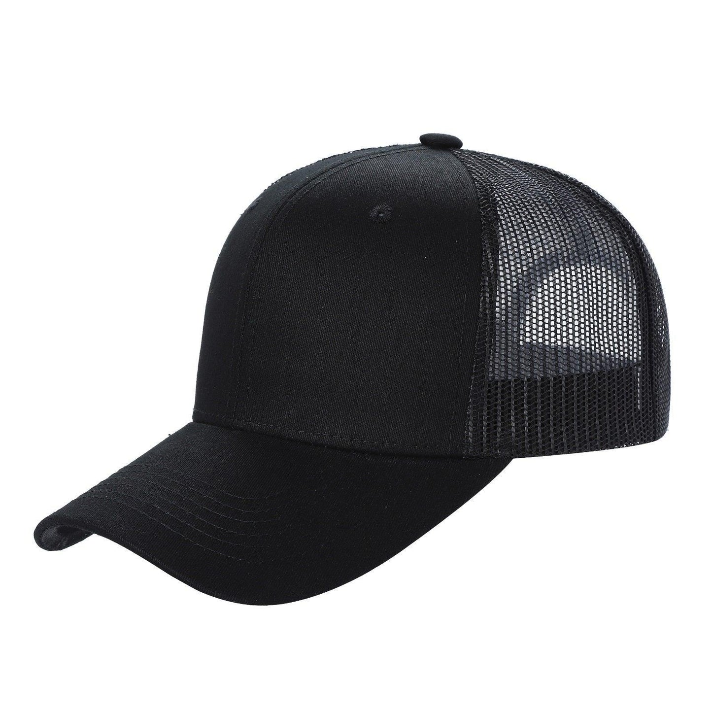 Black six panel curved bill trucker hat with mesh back, plain blank cap design