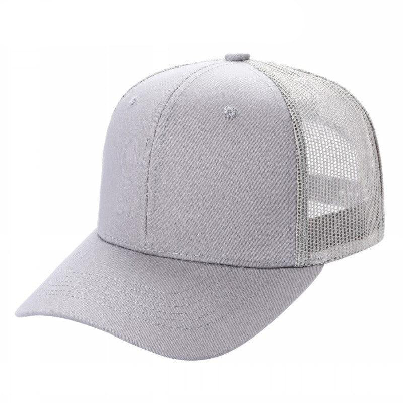 Light grey 6-panel trucker mesh hat with curved brim, shown on white background.