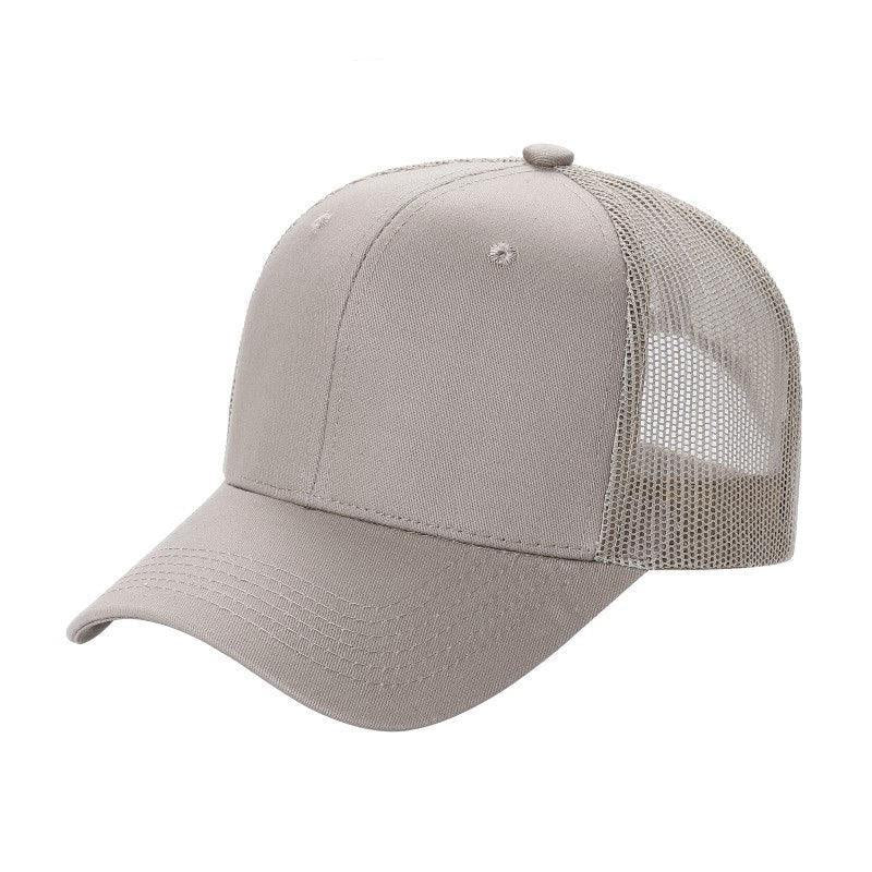 Stone color 6-panel mesh trucker hat with curved brim on white background