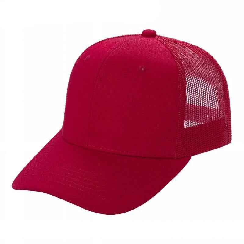 Red 6-panel curved trucker mesh hat with solid front and mesh back, displayed on white background