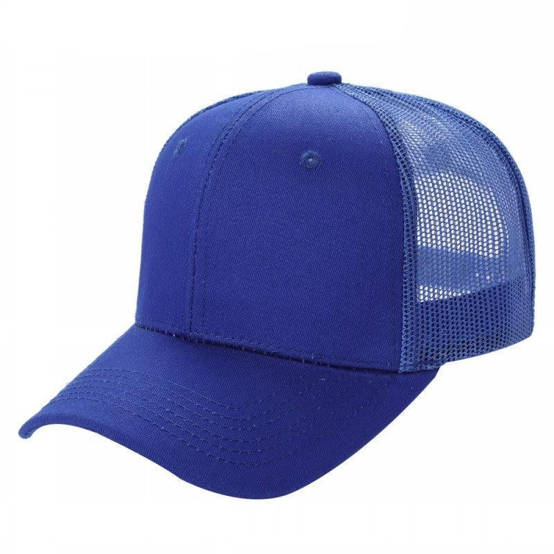 Royal blue 6-panel trucker mesh hat with curved brim, wholesale bulk price displayed