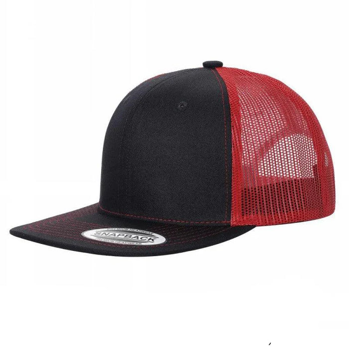 A black and red 6-panel flat bill trucker hat with a mesh back.