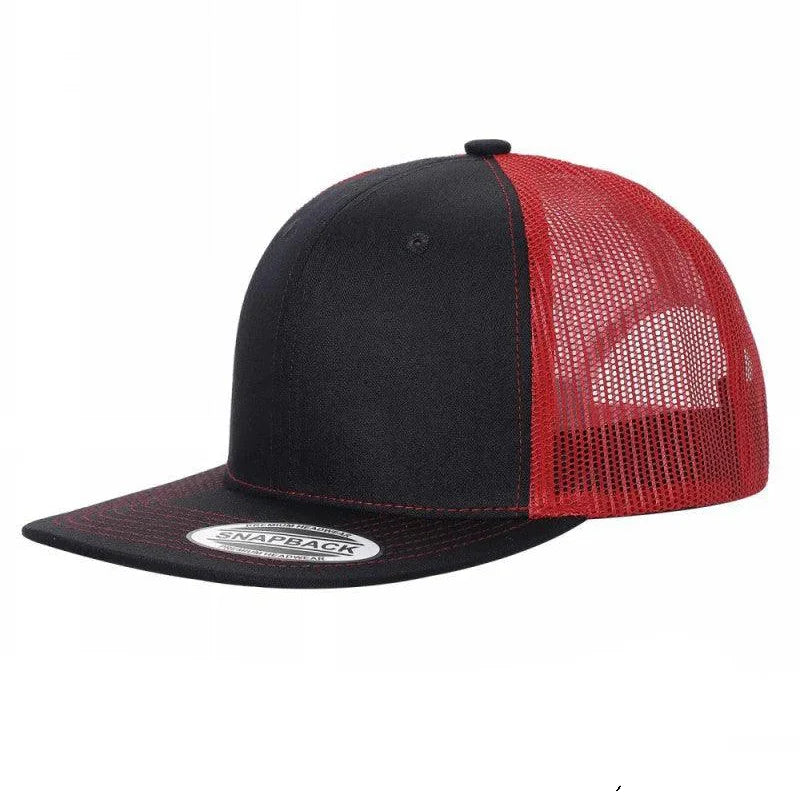 A black and red 6-panel flat bill trucker hat with a mesh back.