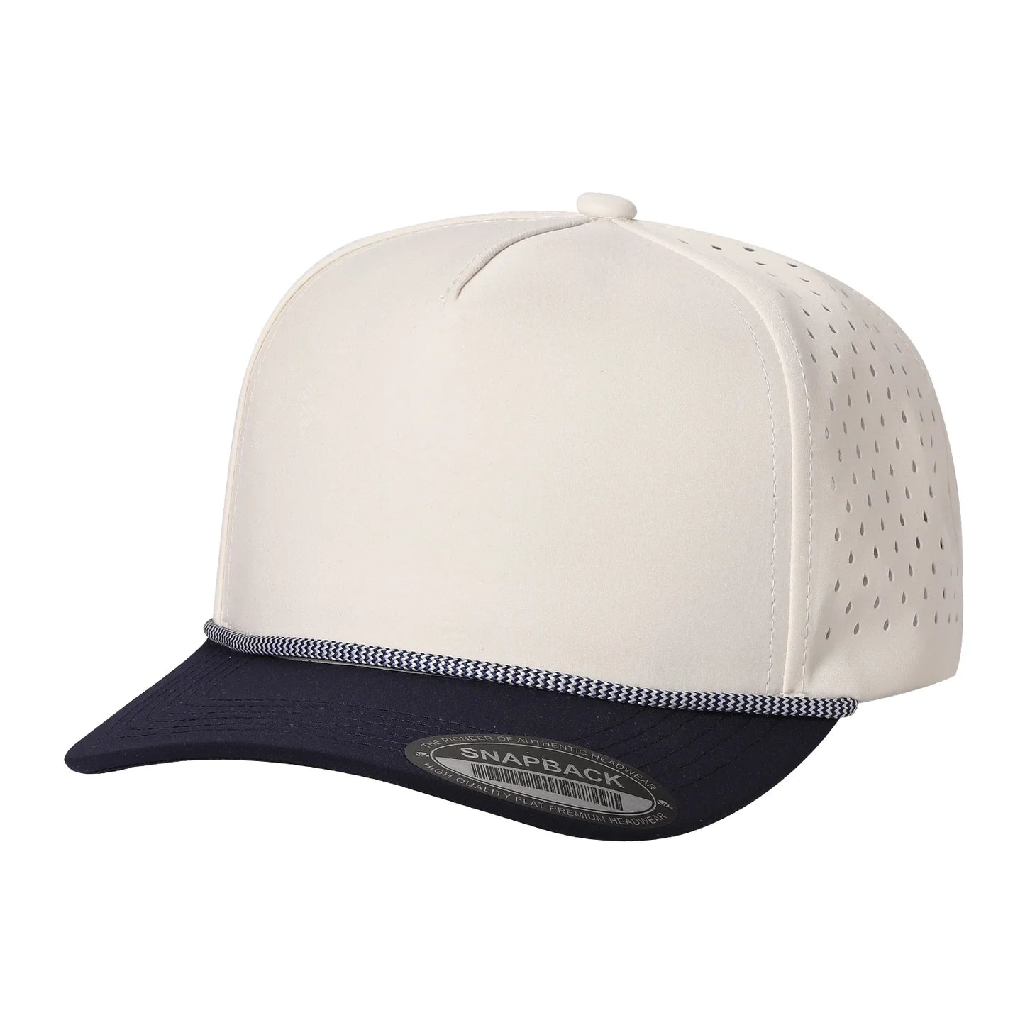 Two-tone snapback cap with white front, navy bill, perforated sides, and checkered trim