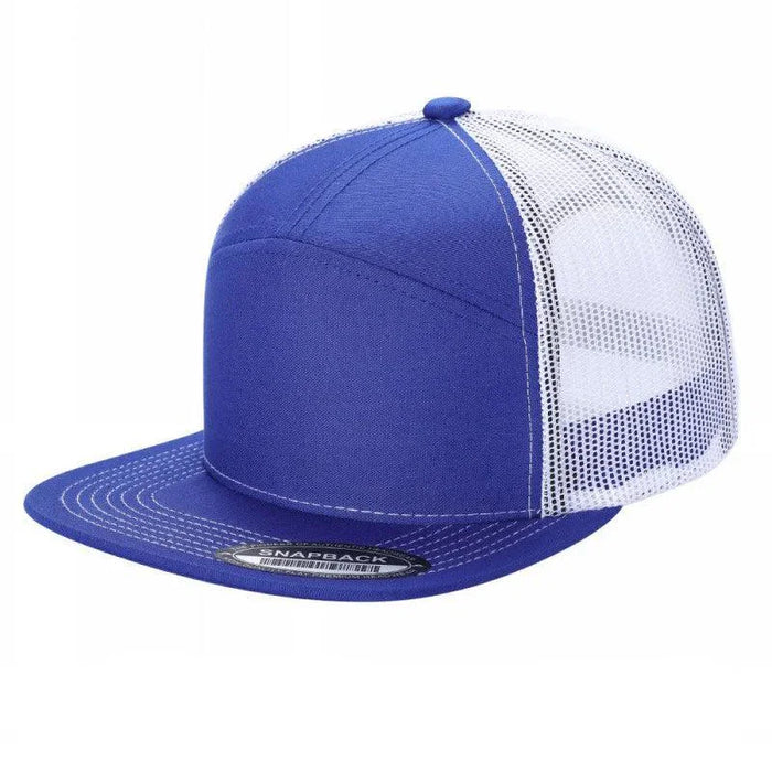 A blue and white 7-panel flat bill trucker cap with a mesh back.