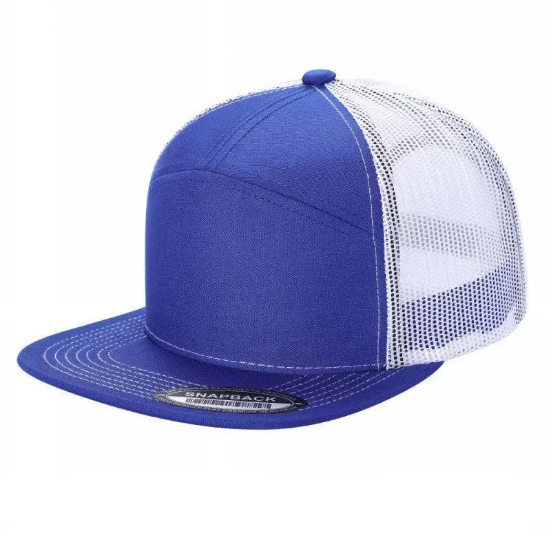 A blue and white 7-panel flat bill trucker cap with a mesh back.
