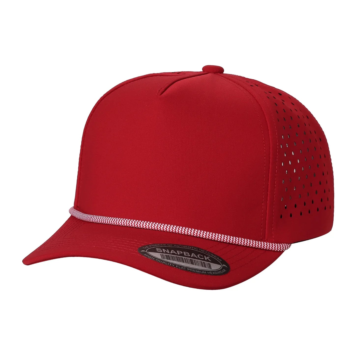 Red snapback hat with perforated sides and white rope detail on brim, wholesale cap