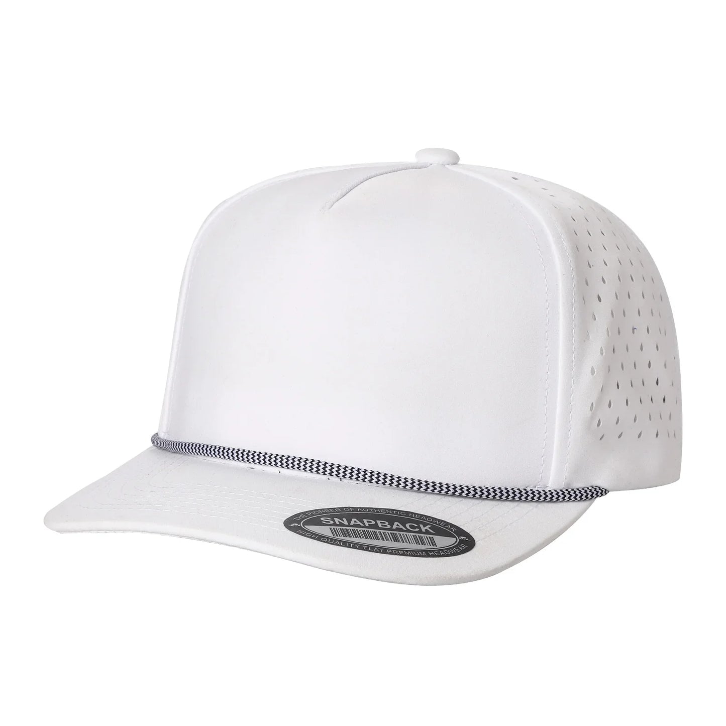 White snapback hat with flat bill, mesh side panels, and decorative rope detail