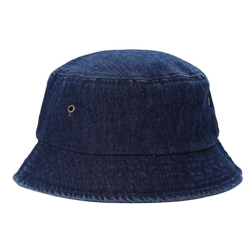 Dark denim bucket hat with ventilation eyelets on white background, wholesale hats