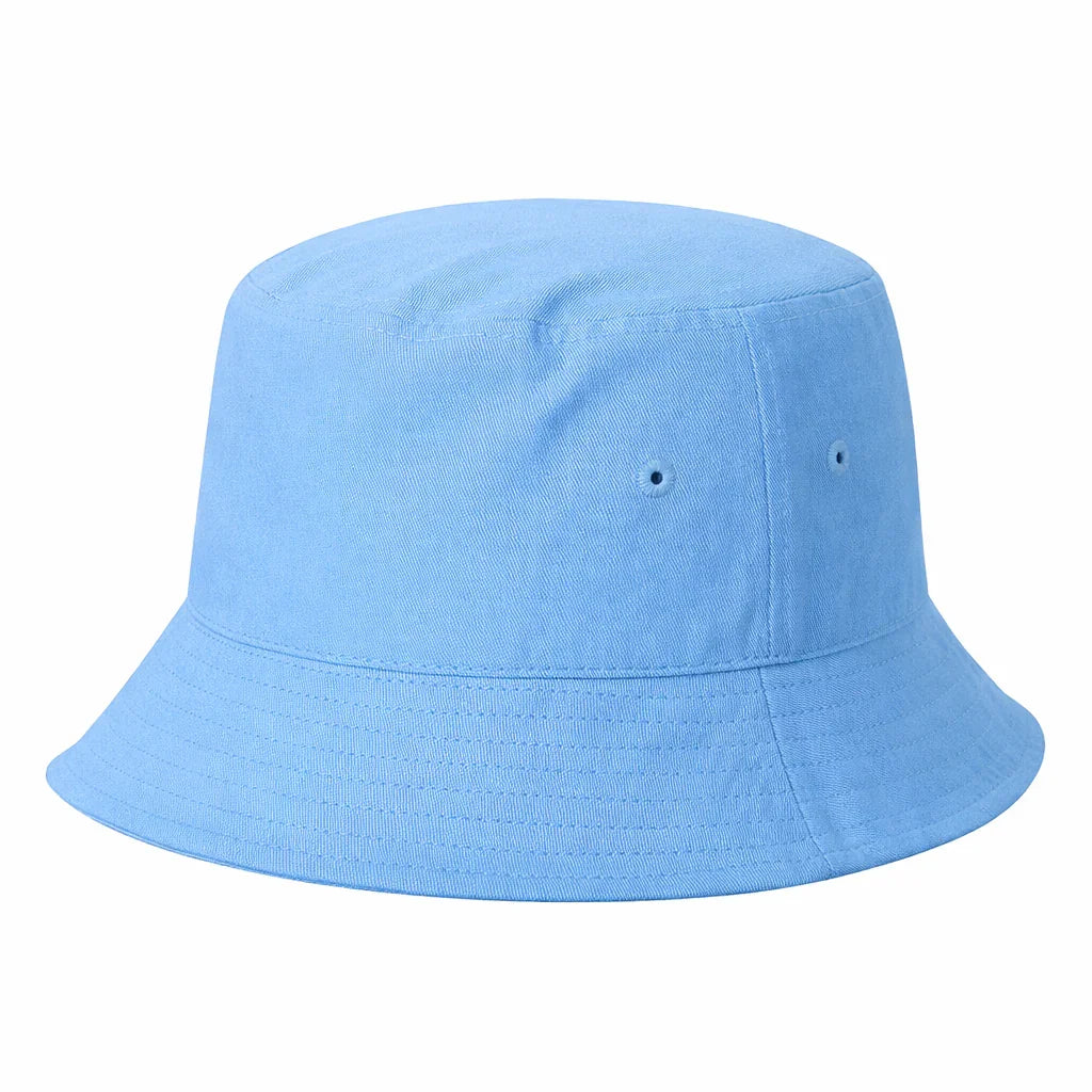 Light blue cotton bucket hat with ventilation eyelets, classic brim, plain design