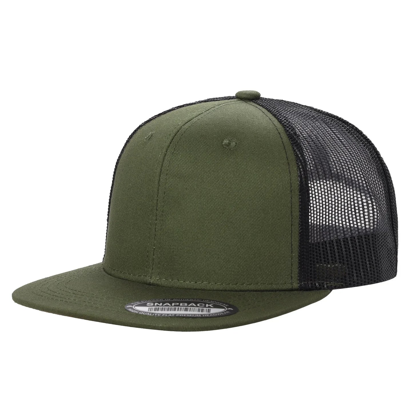 Olive green and black mesh trucker hat with flat brim and snapback closure