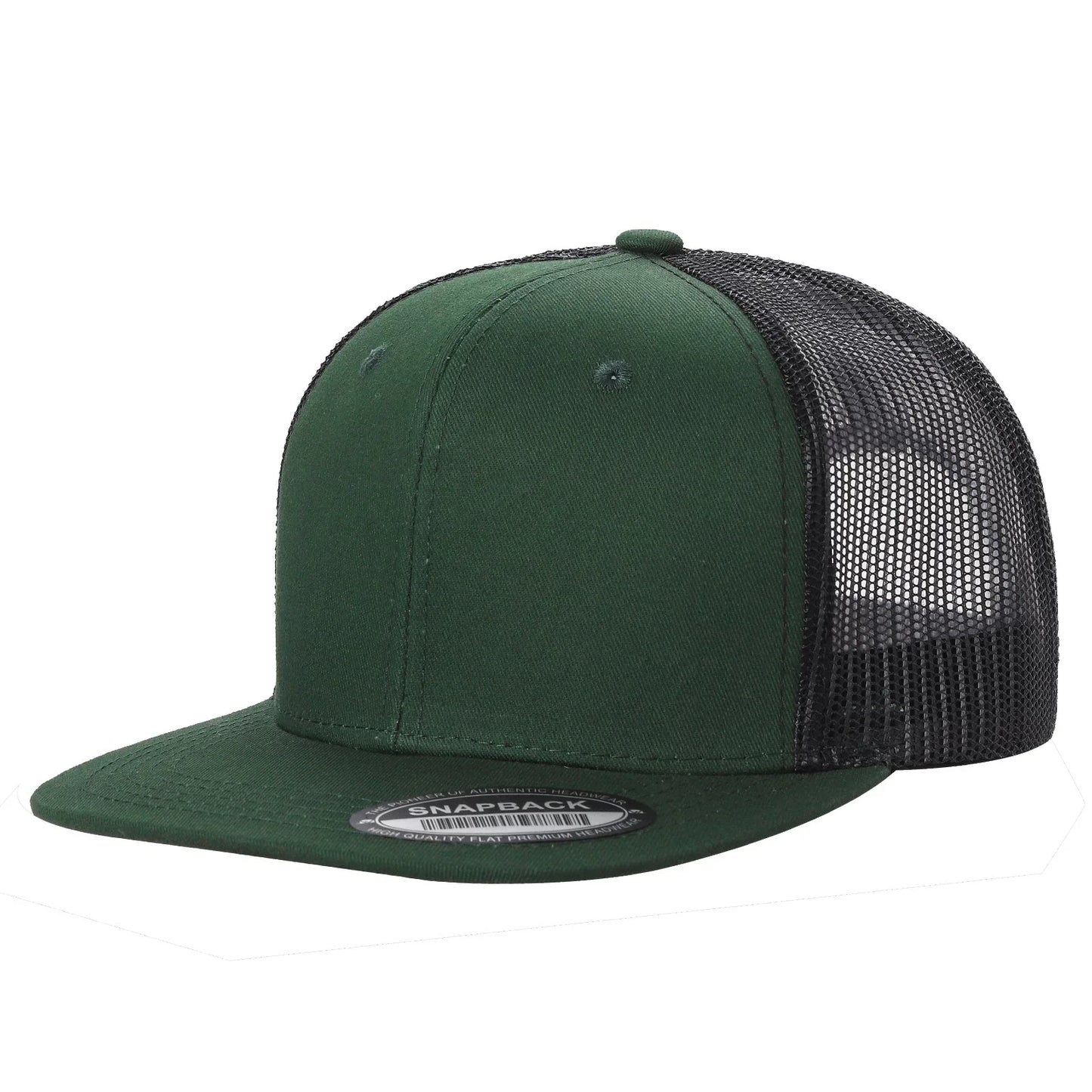 Dark green and black trucker hat with mesh back and flat bill, snapback closure