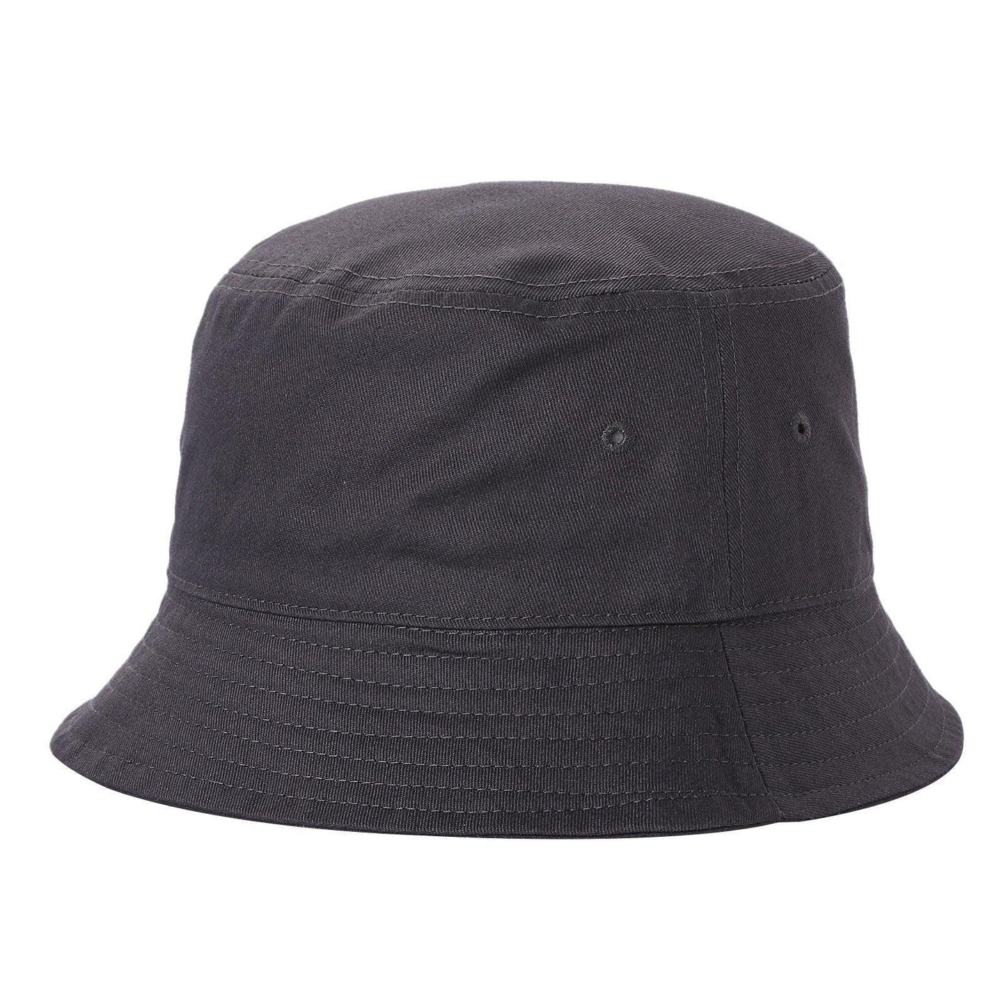 Solid black bucket hat with stitched brim, front view, casual headwear for bulk purchase