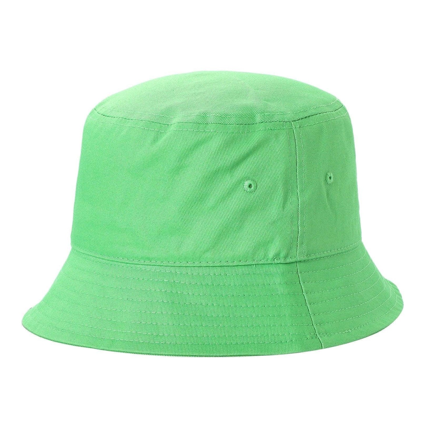 Solid green bucket hat with stitched brim, displayed on white background