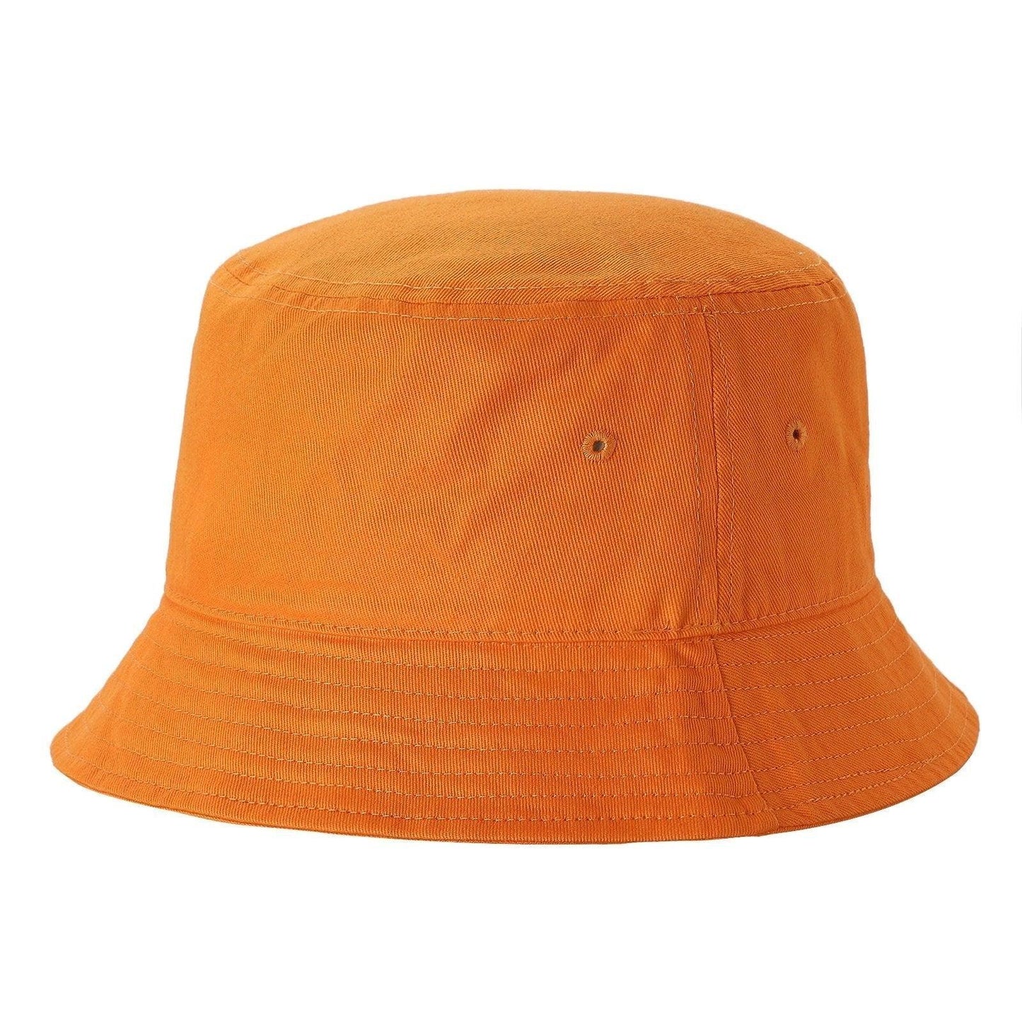 Solid orange bucket hat with stitched brim, wholesale headwear product on white background