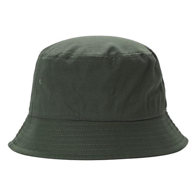 Plain dark green bucket hat with wide brim, displayed on white background.