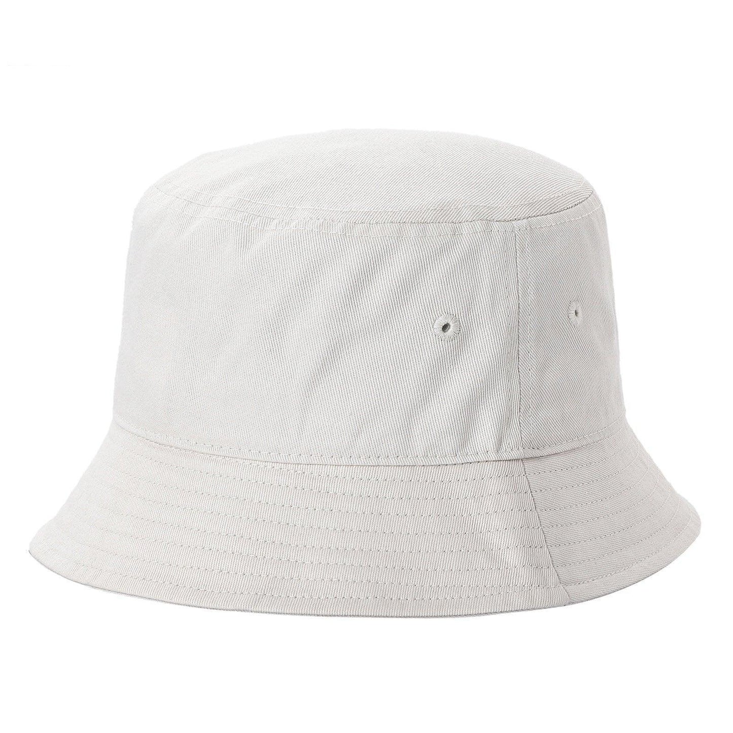 Plain white cotton bucket hat, wholesale unisex headwear, side view on white background