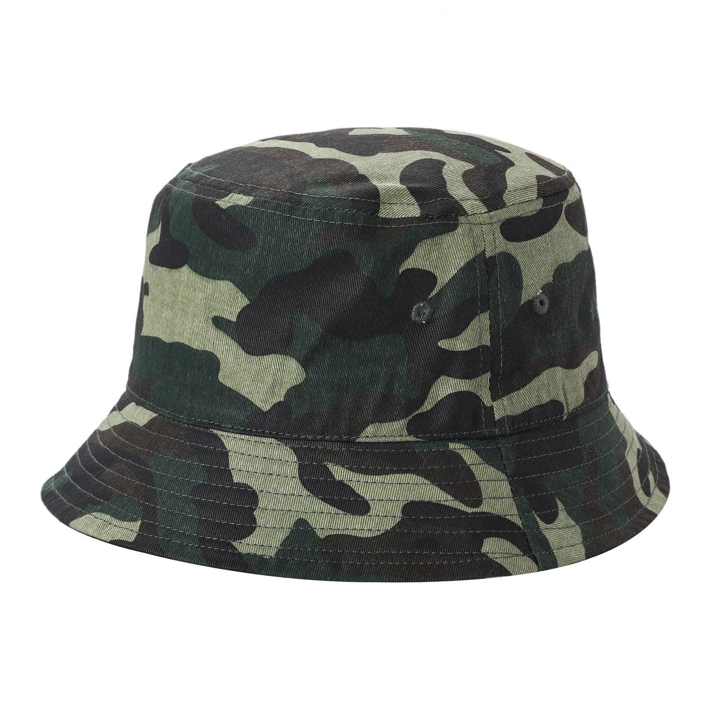 Camouflage bucket hat with green and black pattern on white background