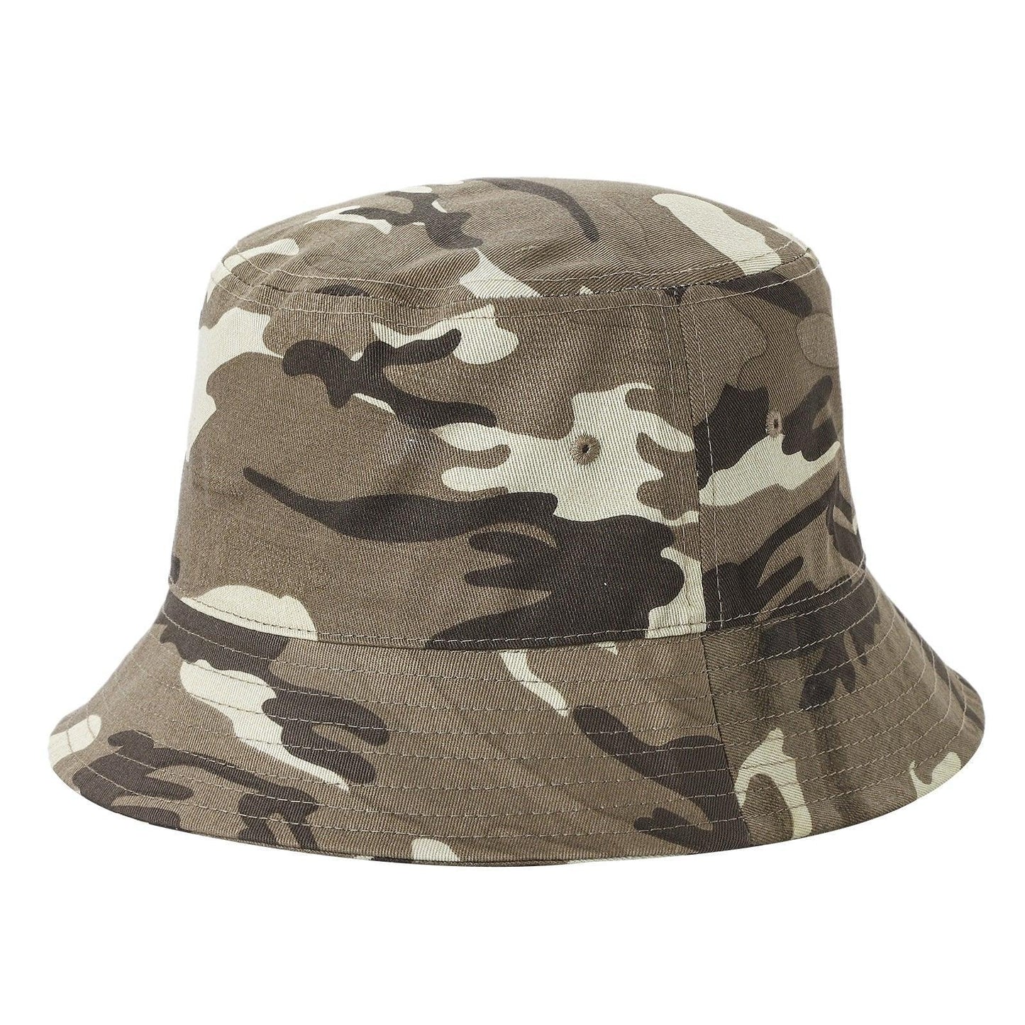 camo print bucket hat with brown and beige camouflage pattern front view