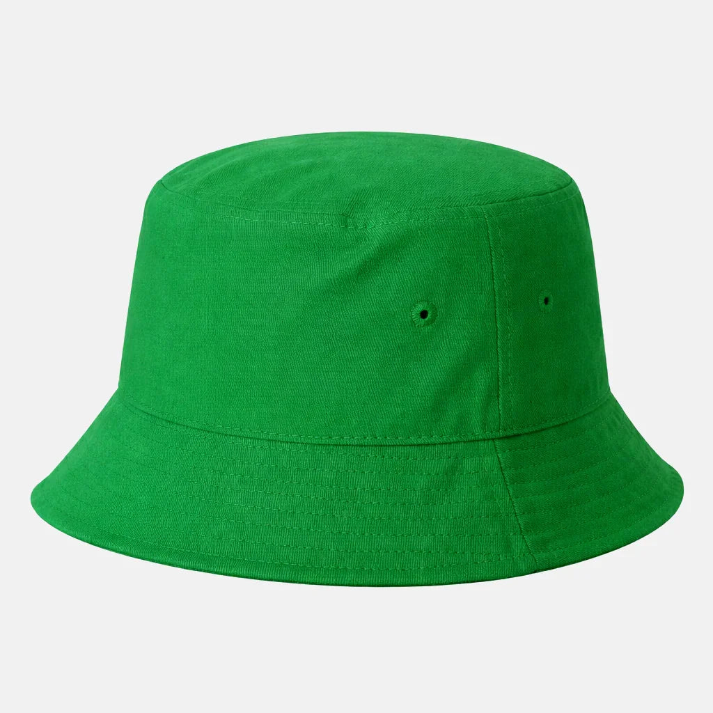 Plain green cotton bucket hat with stitched brim, wholesale headwear product on white background