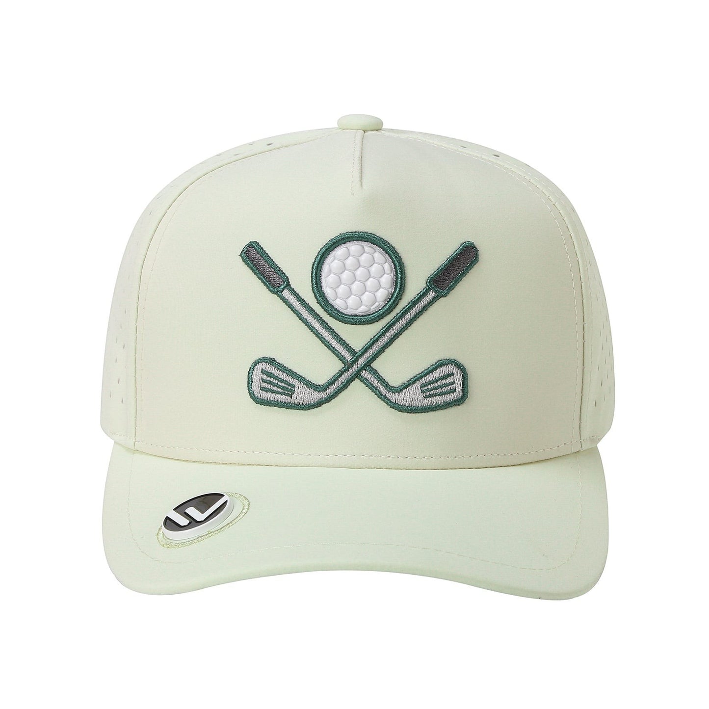 Waycap 5GOLF light green 5-panel waterproof polyester golf cap with embroidered crossed clubs and ball icon. Features laser-cut perforations and snapback closure.