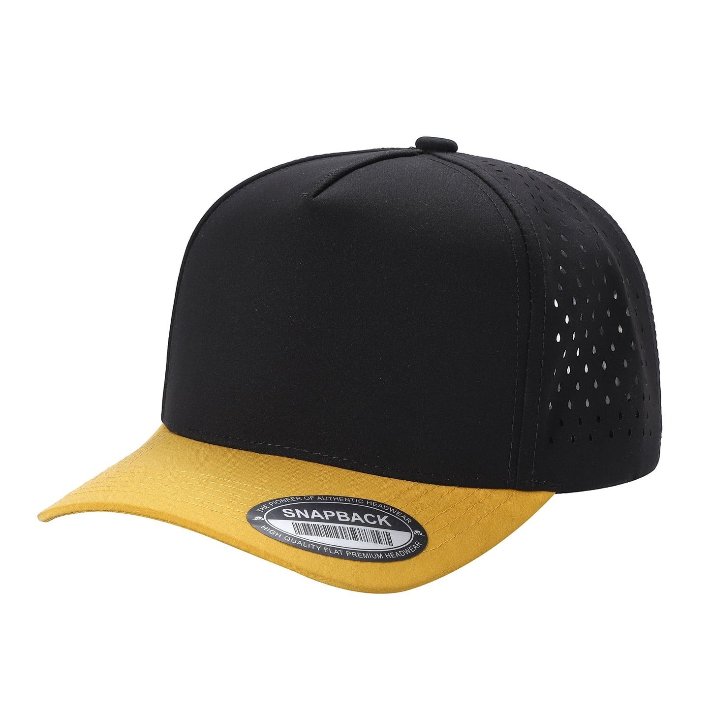 Waycap 5LASER black 5-panel waterproof hat with yellow brim and perforated side panels.