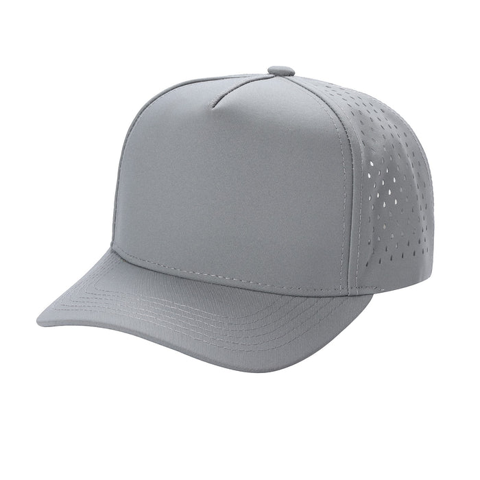 Waycap 5LASER grey 5-panel waterproof baseball cap with perforated side panels and flat brim.