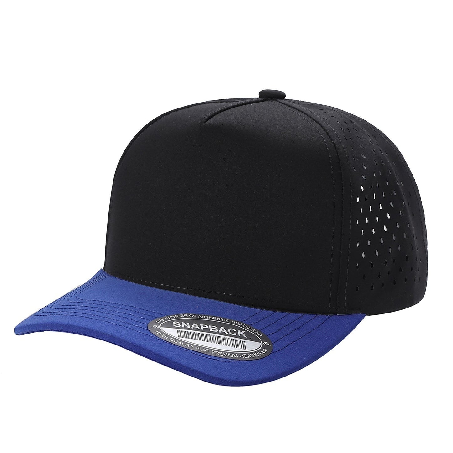 Waycap 5LASER black 5-panel waterproof hat with blue brim and perforated side panels.