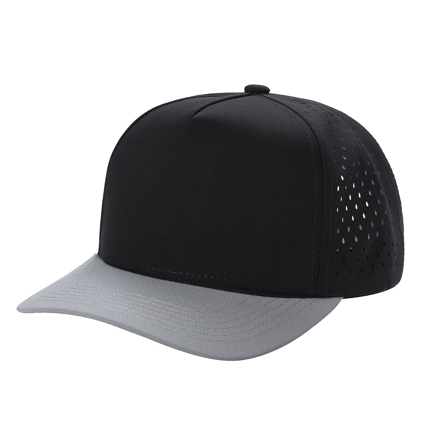 Waycap 5LASER 5 Panel Waterproof Hat in black and grey with perforated side panels and flat brim.