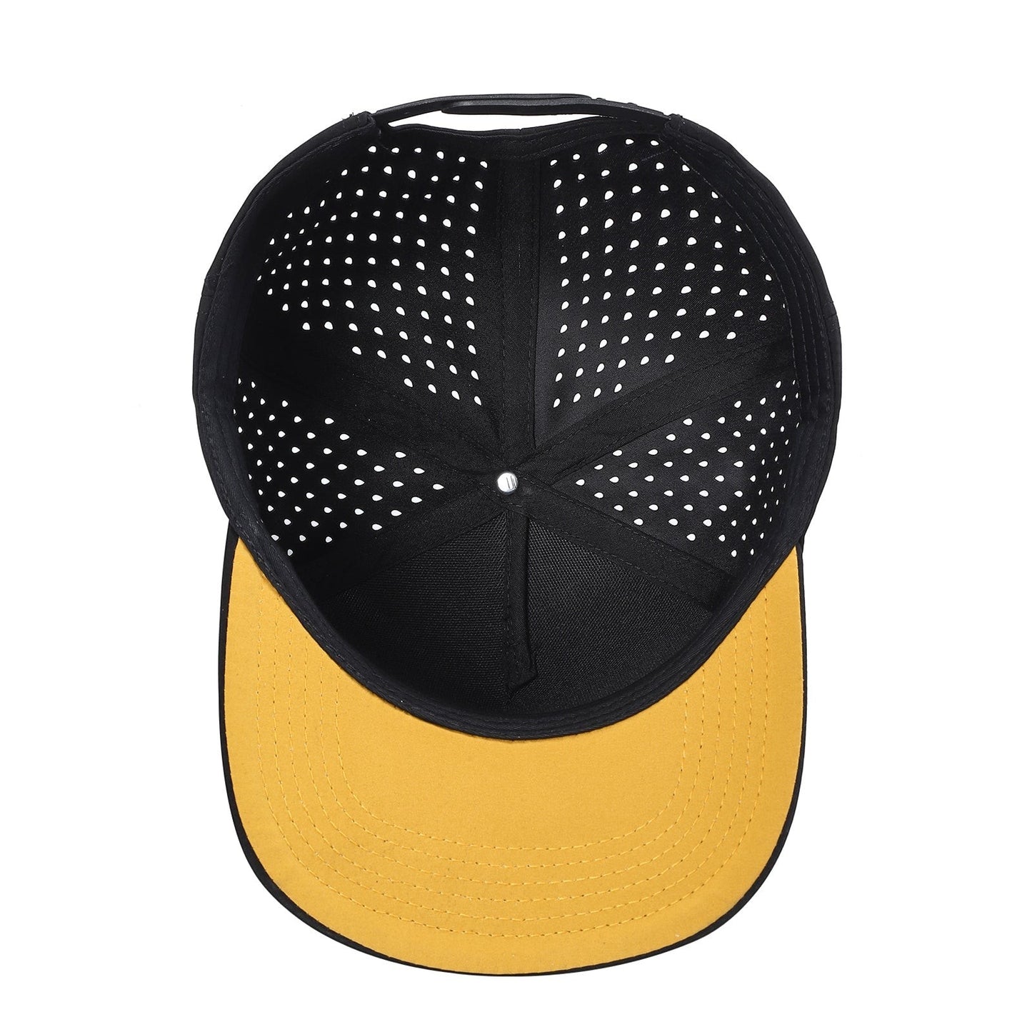 Waycap 5LASER 5 Panel Waterproof Hat in black with a yellow brim and perforated side panels for breathability.