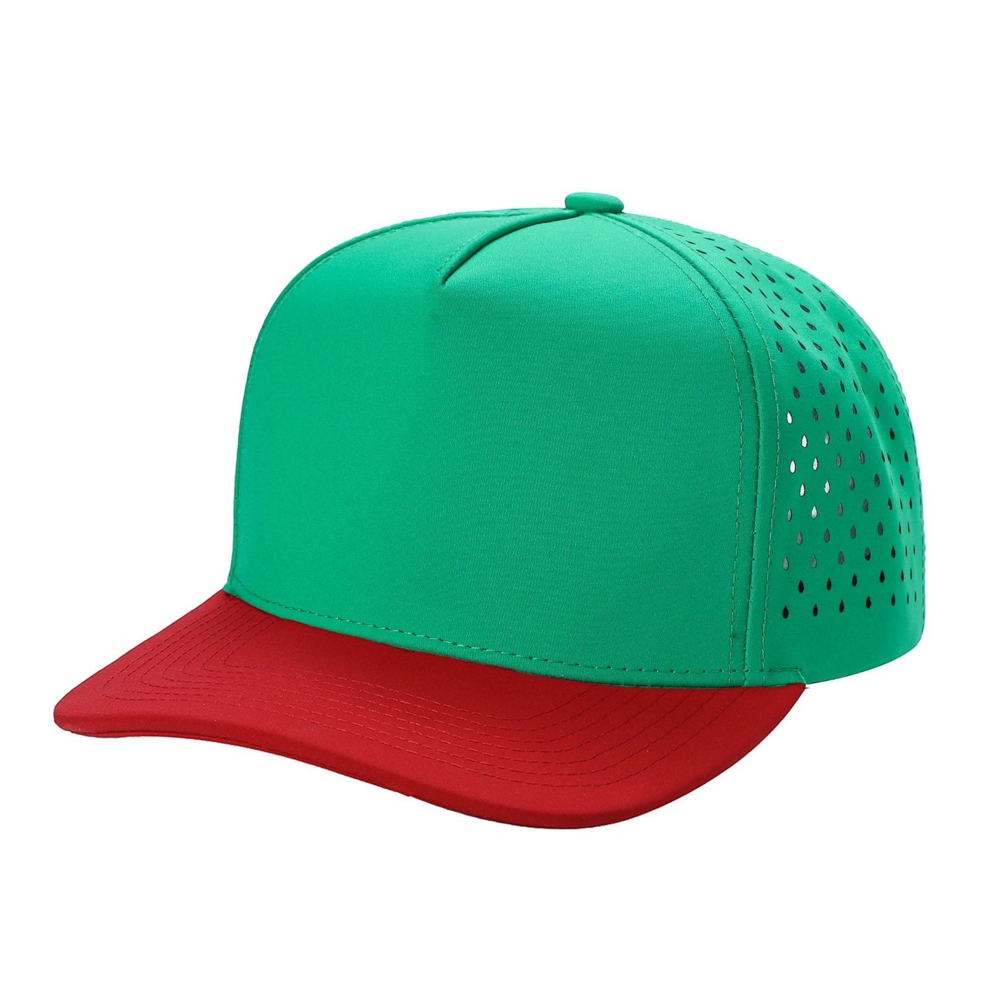 Waycap 5LASER 5 Panel Waterproof Hat in green with red brim and perforated side panels for breathability.
