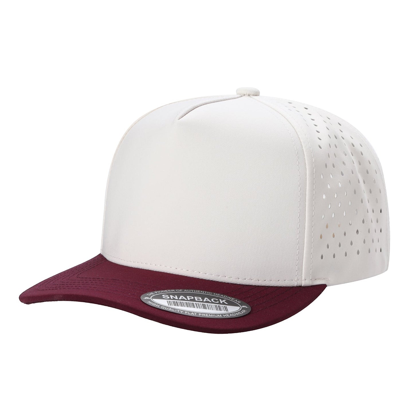 Waycap 5LASER 5 Panel Waterproof Hat in off-white with maroon brim and perforated side panels.