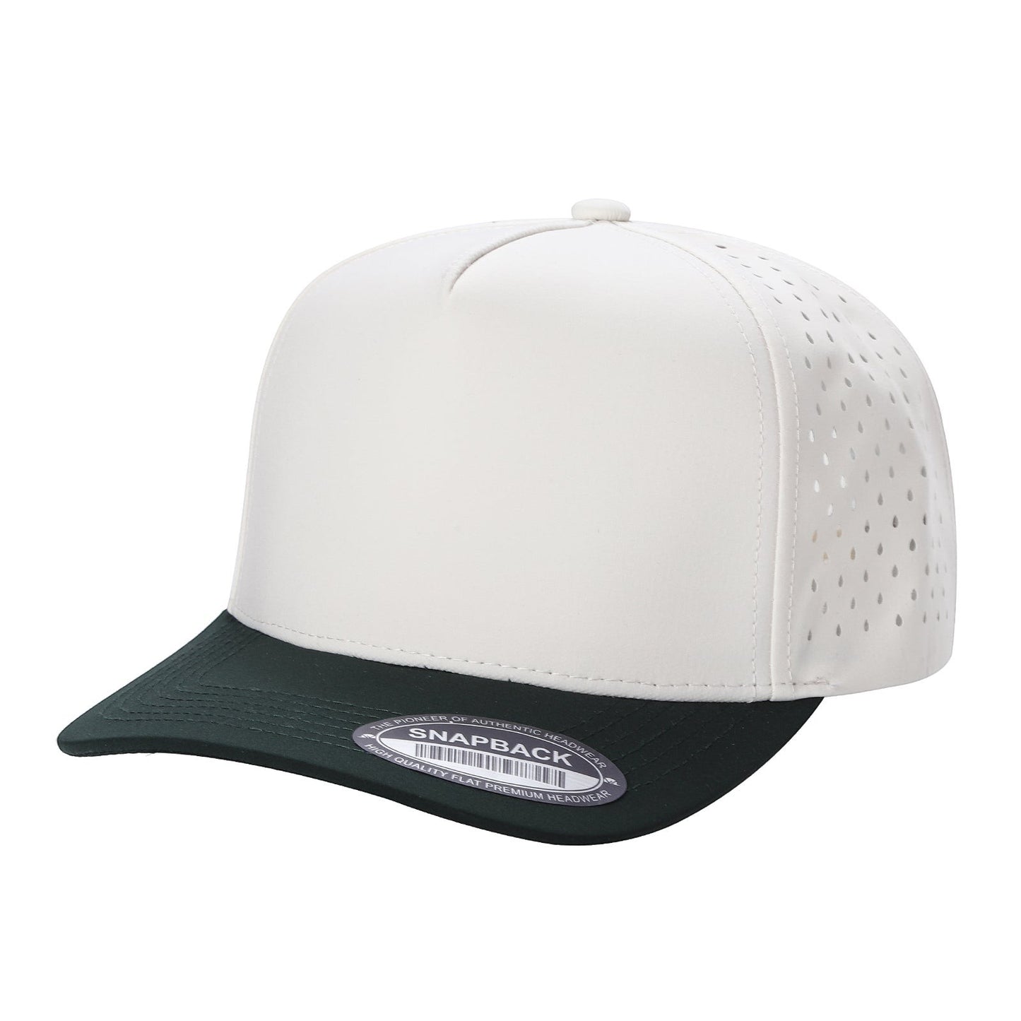 Waycap 5LASER 5 Panel Waterproof Hat in white and dark green, featuring perforated side panels and a flat brim.
