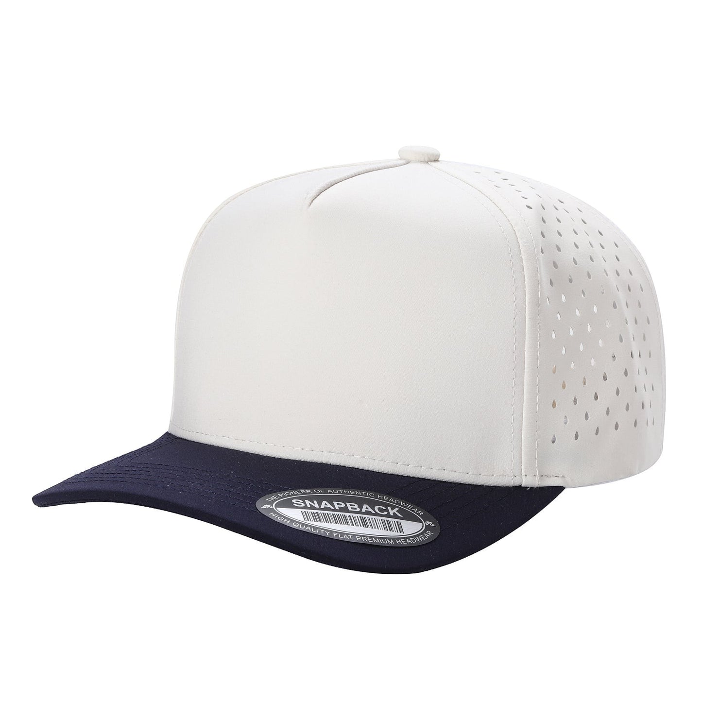 Waycap 5LASER 5 Panel Waterproof Hat in white with navy brim and perforated side panels.