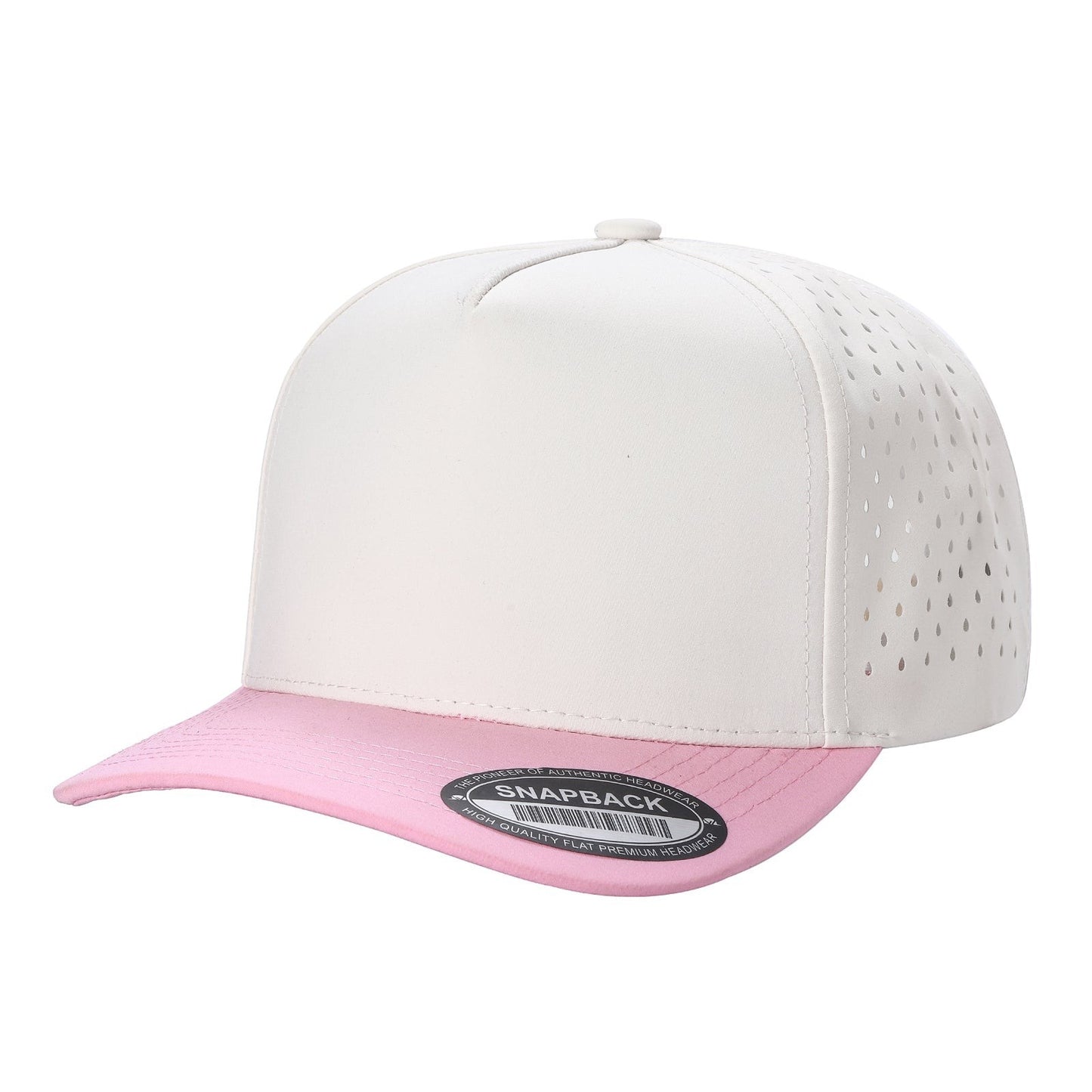 Waycap 5LASER 5 Panel Waterproof Hat in white with pink brim and perforated sides. Flat brim offers shade.