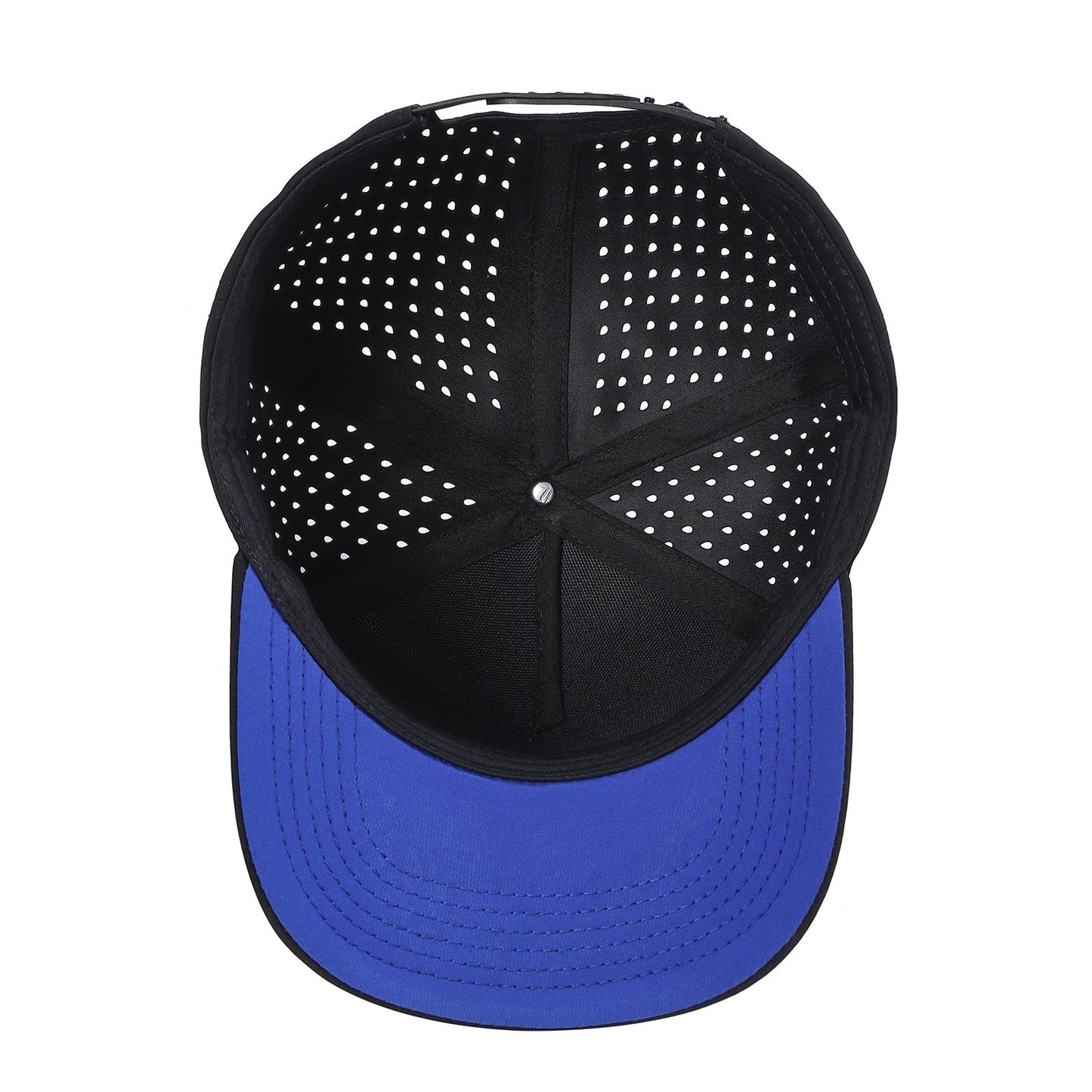 Waycap 5LASER 5 Panel Waterproof Hat in black with a blue brim and perforated side panels for breathability.