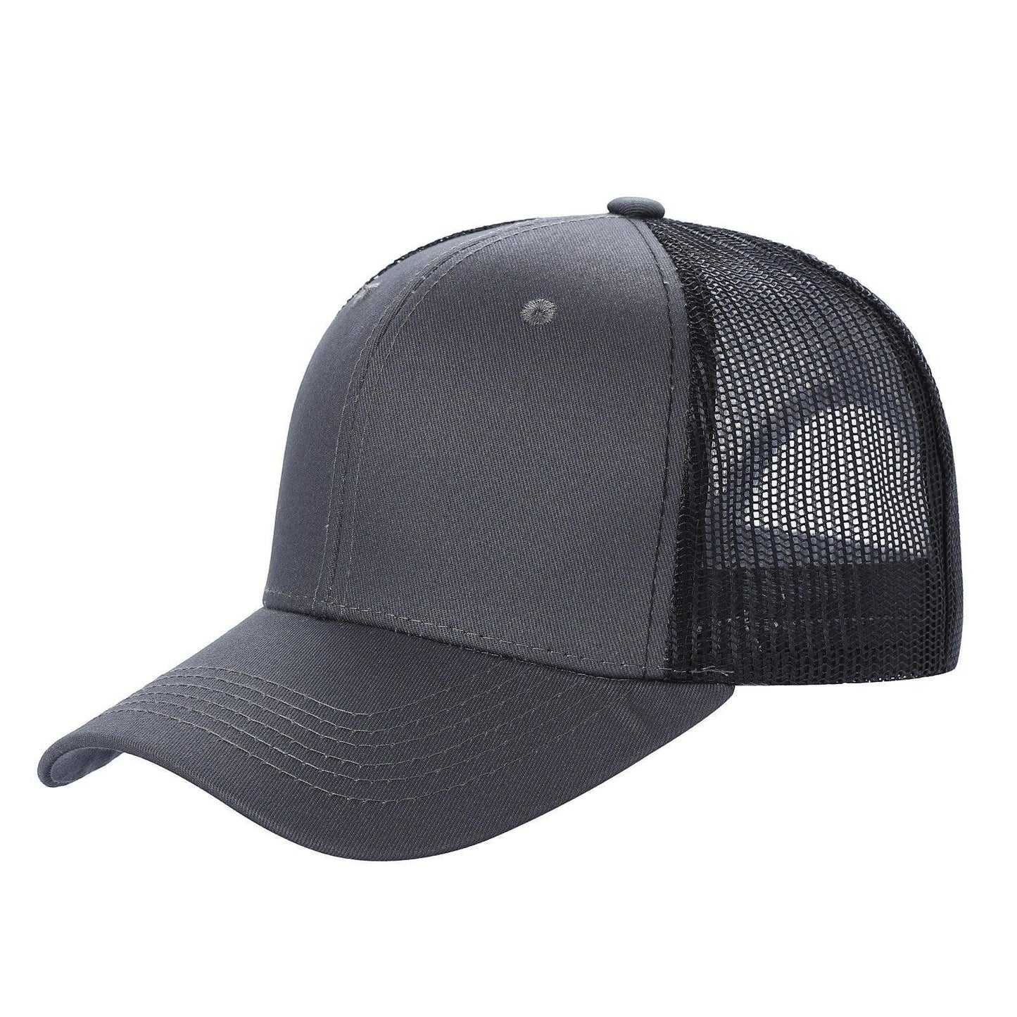 Waycap 6 Panel Curve Trucker Mesh Hat in charcoal grey with a curved brim and breathable black mesh back panels.