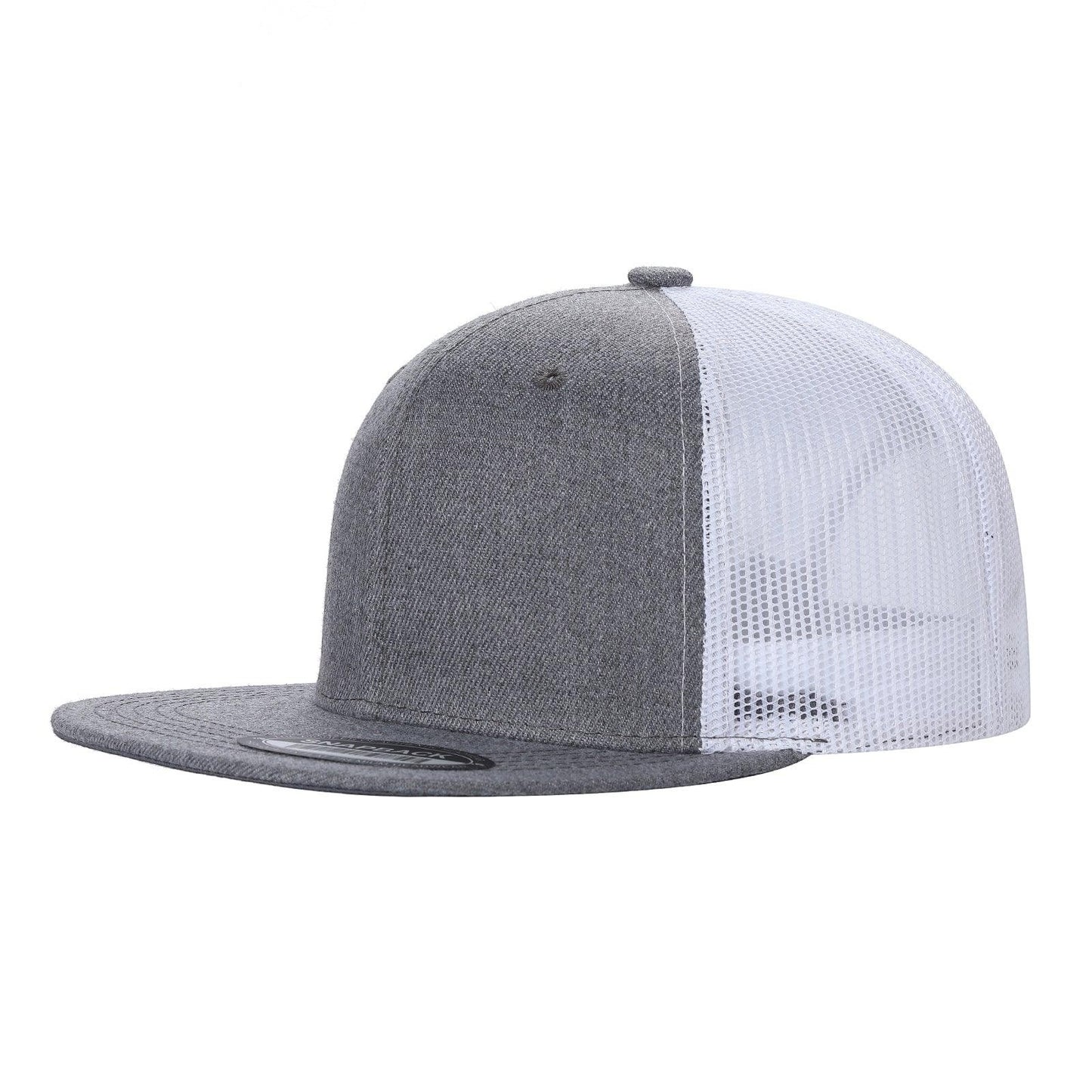 Waycap 6 Panel Flat Bill Mesh hat in heather grey with white mesh back and flat brim. Cotton and polyester blend.