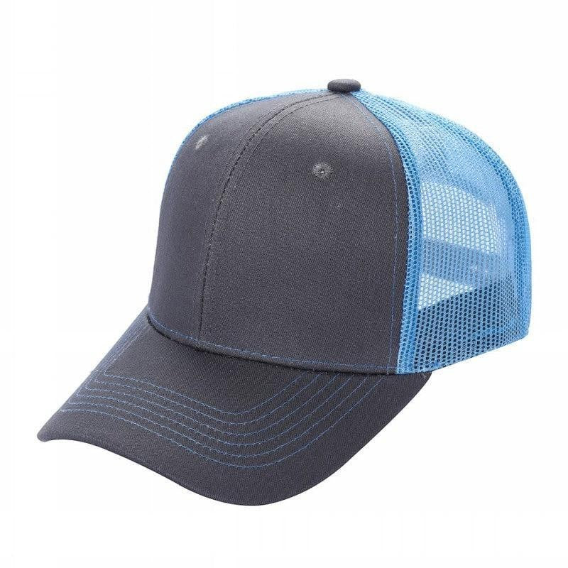Waycap 6 Panel Curve Trucker Mesh Hat in charcoal grey with bright blue mesh back panels and blue stitching detail.