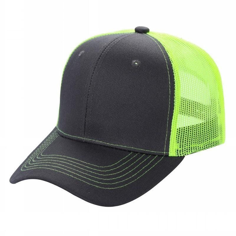 Waycap 6 Panel Curve Trucker Mesh Hat in charcoal grey with neon green mesh back and contrast stitching.