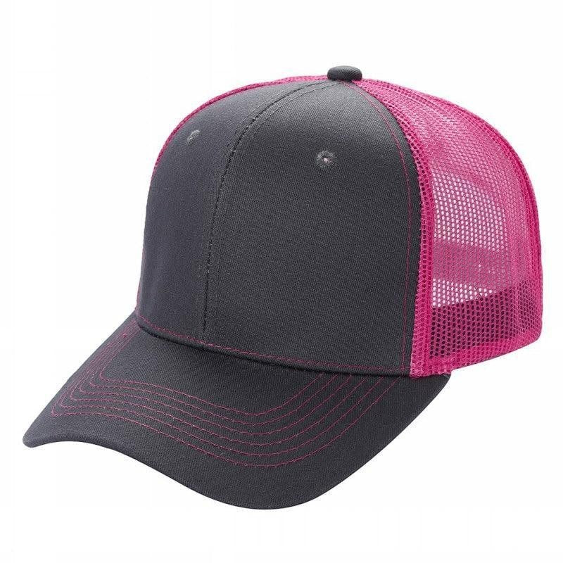 Waycap 6 Panel Curve Trucker Mesh Hat in charcoal grey with bright pink mesh back and contrast stitching.