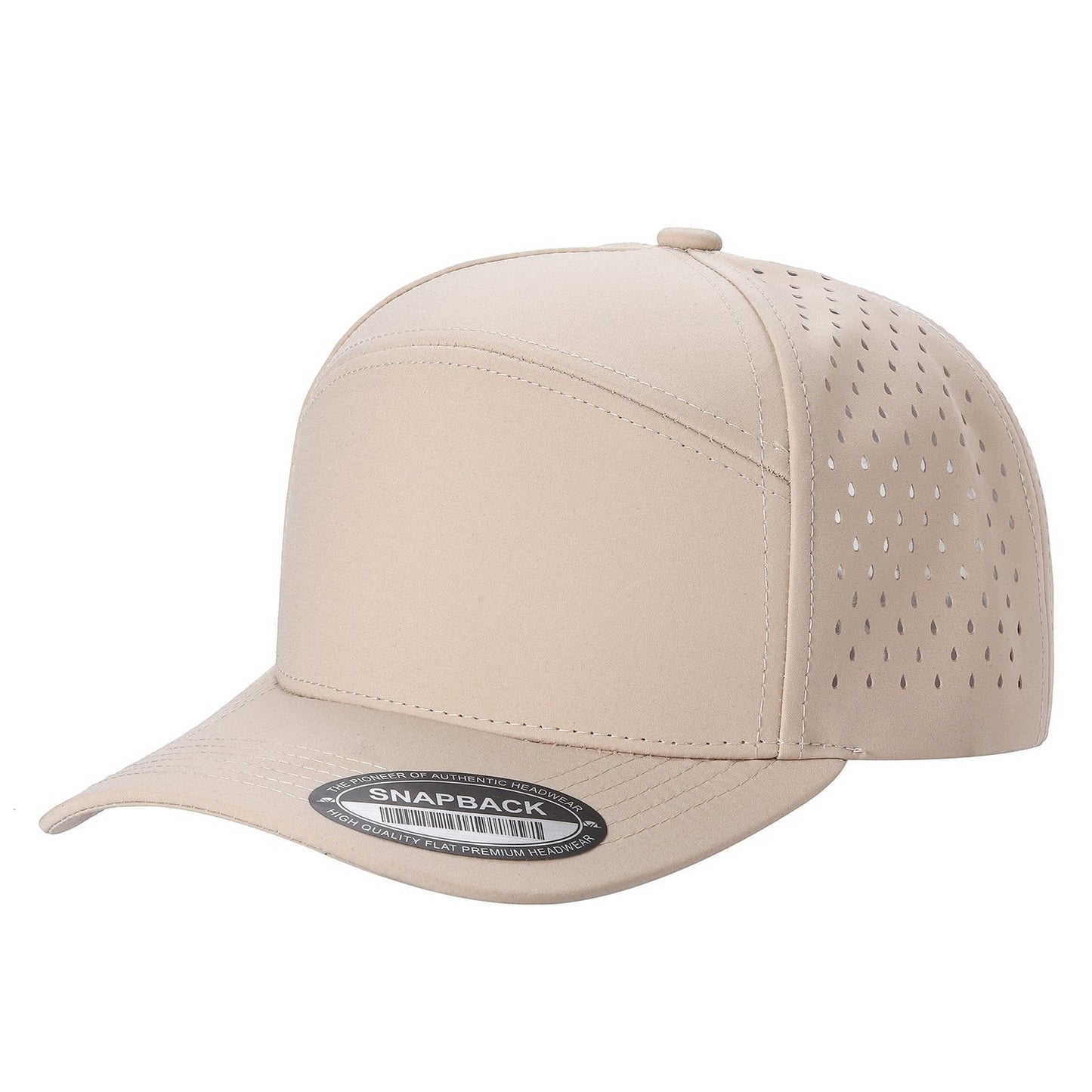 Waycap 6WP beige six-panel snapback hat with laser-cut perforations on sides and back for breathability.