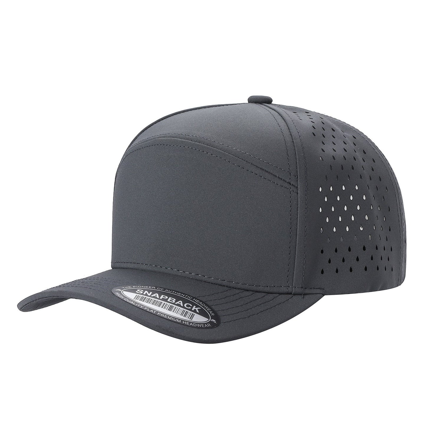 Waycap 6WP dark grey six-panel snapback hat with laser-cut perforations on side and back panels for breathability.