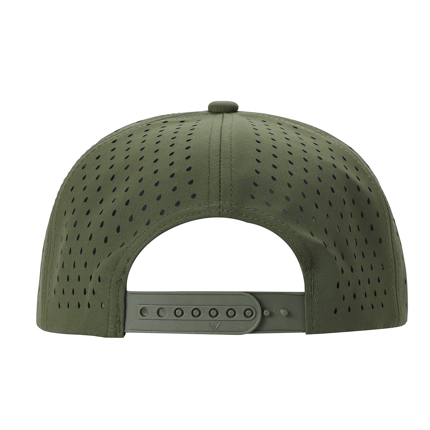 Waycap 6WP olive green six-panel snapback hat with laser-cut perforations and adjustable strap.