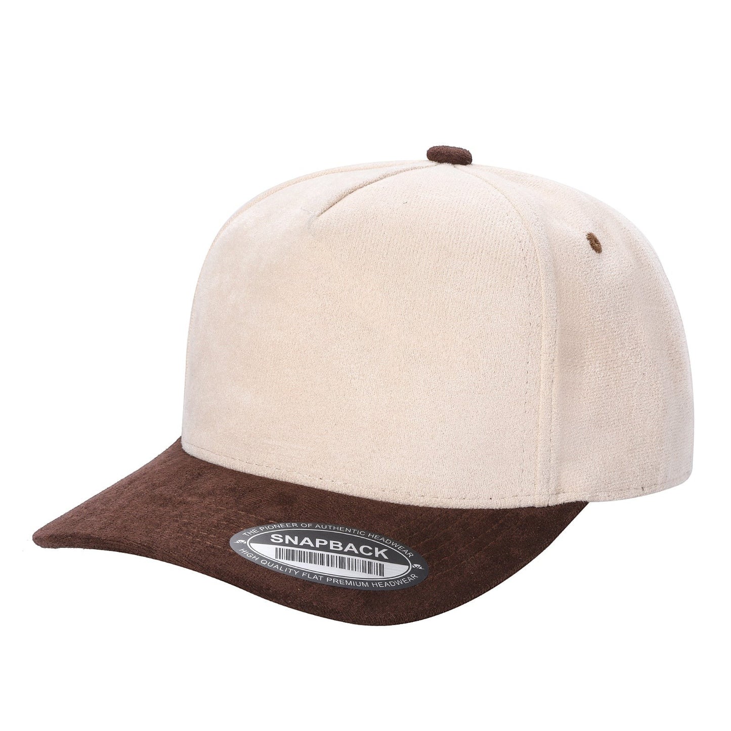 Waycap 5SUEDE beige suede snapback hat with a dark brown brim and button. Classic adjustable fit.