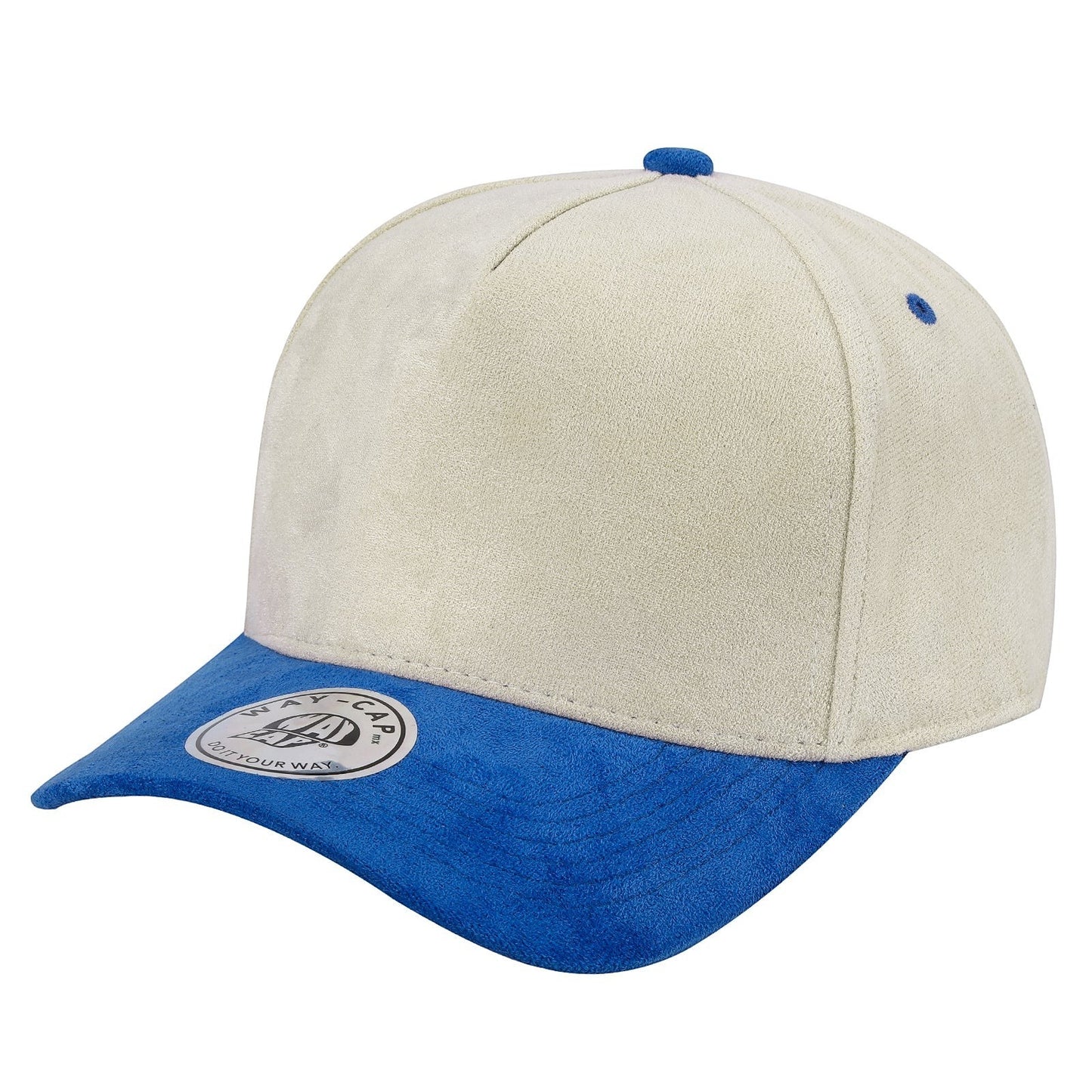Waycap 5SUEDE beige suede snapback hat with a royal blue brim and button detail.