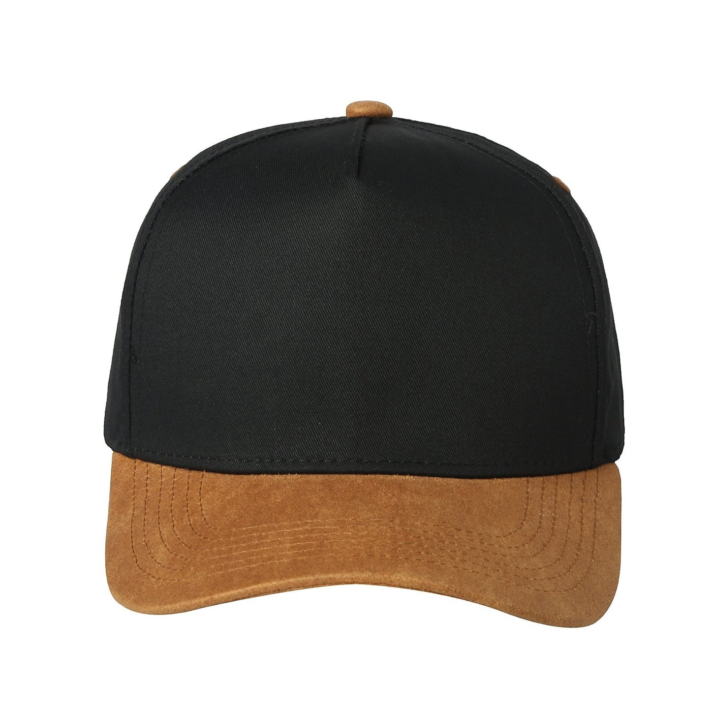 Waycap Bill TC baseball cap with black crown and tan suede bill, 5-panel construction, pre-curved bill, and adjustable snapback.