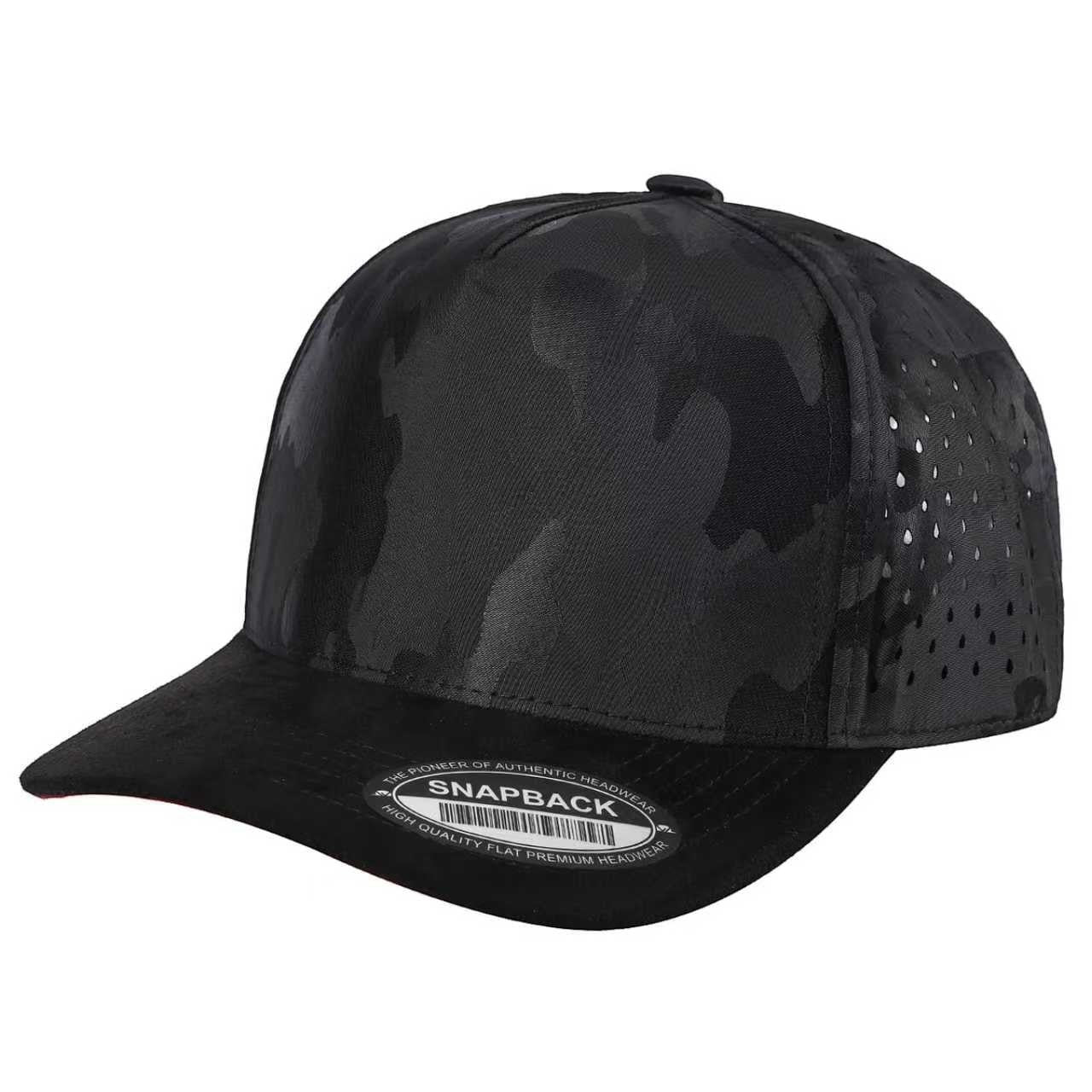 Waycap TC Camo Suede Laser black snapback cap with laser-cut camouflage pattern and perforated side panels.