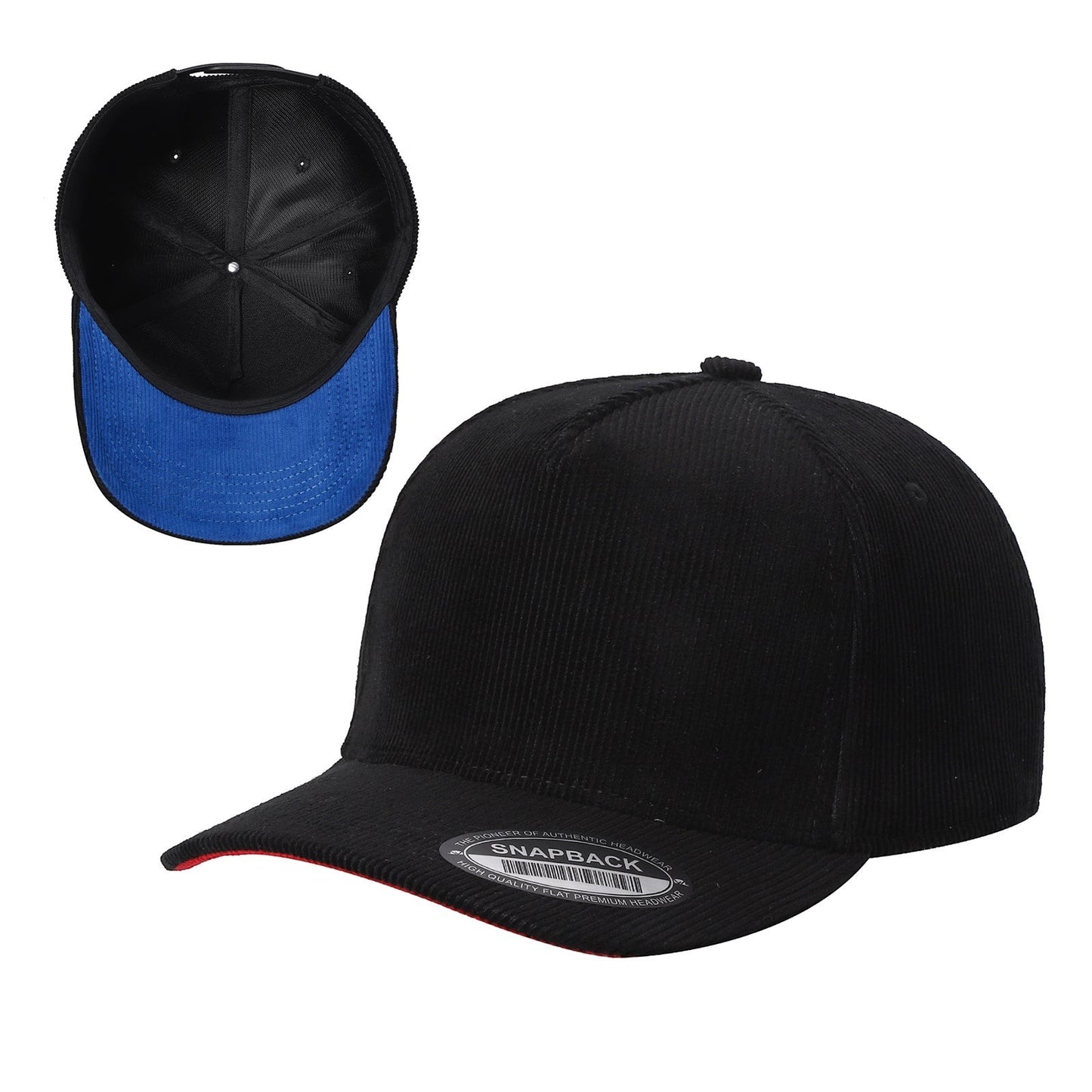 Waycap Black corduroy baseball cap with blue lining and red brim detail. Features snapback closure.